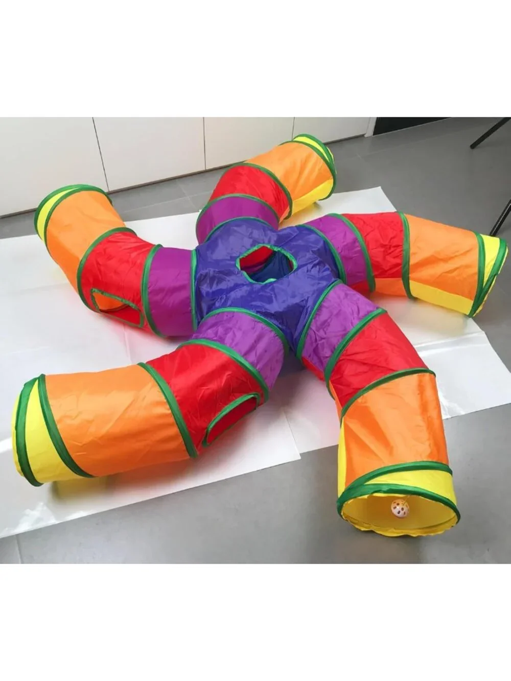 Colorful Cat Tunnel Tube with 6 Peek Holes - Collapsible 5-Way Play Maze for